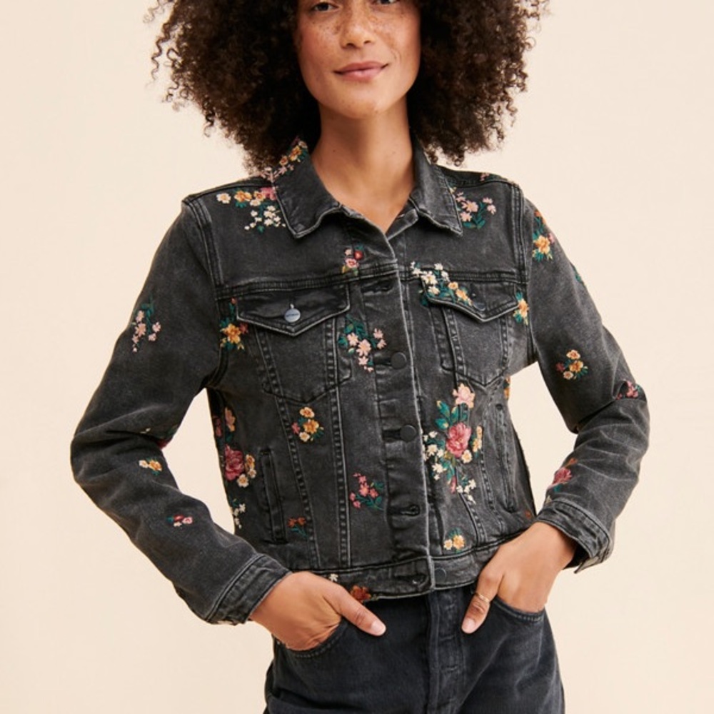 DRIFTWOOD Black Denim Jacket with Floral Embroidery